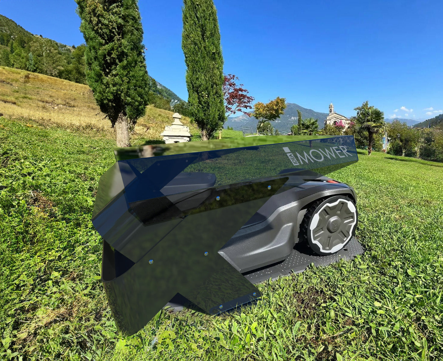 Idea mower garages and accessories for lawnmower robots with rtk techn