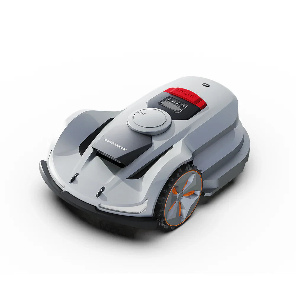 Mähroboter Sunseeker X7 vor weißem Hintergrund, mit Profilrädern und aerodynamischem Design. Kompaktes Modell mit sichtbarem Display und Bedienelementen.