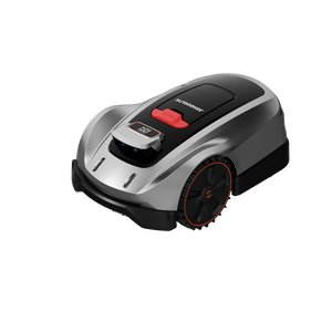 Seitenansicht des Mähroboters Sunseeker X3 X5 mit schwarzen Profilrädern und roten Akzenten. Kompaktes modernes Design mit sichtbarem Stoppknopf.