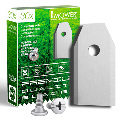 30-blade Segway robotic mower pack by Idea Mower with galvanized screws, shown on green background.