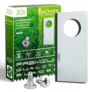 30er-Pack Honda Miimo-Mähroboterklingen von Idea Mower mit verzinkten Schrauben, vor grünem Hintergrund.