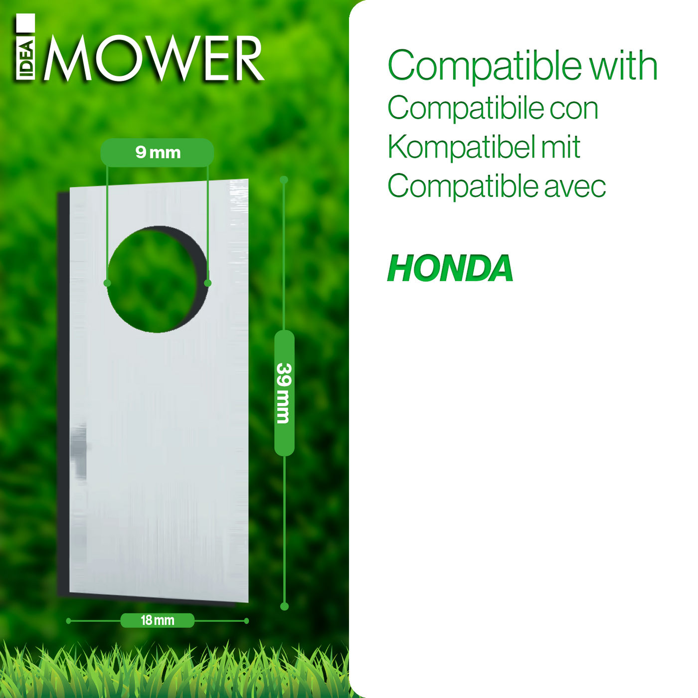 Lame pour robot tondeuse Honda Miimo avec trou de 9 mm, hauteur 39 mm et largeur 18 mm, sur fond d’herbe avec texte de compatibilité.