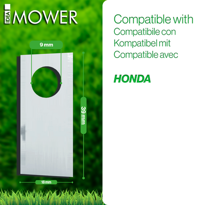 Lame pour robot tondeuse Honda Miimo avec trou de 9 mm, hauteur 39 mm et largeur 18 mm, sur fond d’herbe avec texte de compatibilité.