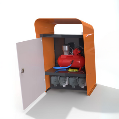 Interior of the technical cabinet for robotic lawn mowers with compressor, tools, and sockets. Ideal for maintaining order and efficiency near the work area.