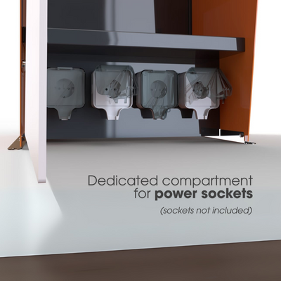 Close-up of IP66 sockets inside the technical cabinet for robotic lawn mowers, perfect for powering EPOS, chargers, and maintenance tools.