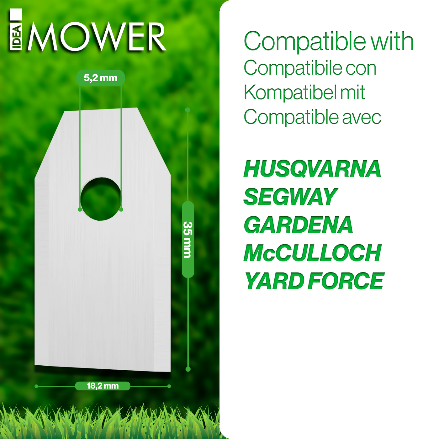 Segway robotic mower blade with 5.2 mm hole, 18.2 mm width and 35 mm height, shown on grassy background with compatibility list.