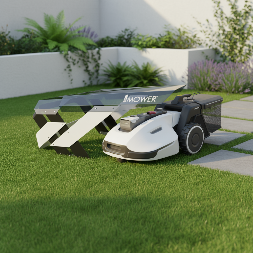 YUKA mit Sweeper unter der Idea Mower Abdeckung in einem gepflegten sonnigen Garten positioniert.