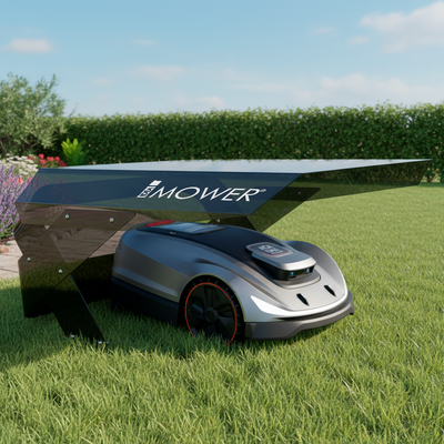 Mähroboter Sunseeker X5 unter der Möbius M Garage in einem blühenden Garten geparkt. Das schwarze Dach schützt vor Sonnenlicht.