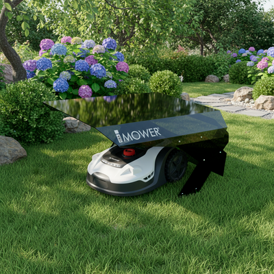 Sunseeker L22 robotic lawnmower under Möbius M garage in a garden with colorful hydrangeas. Stylish and functional protection for the mower.